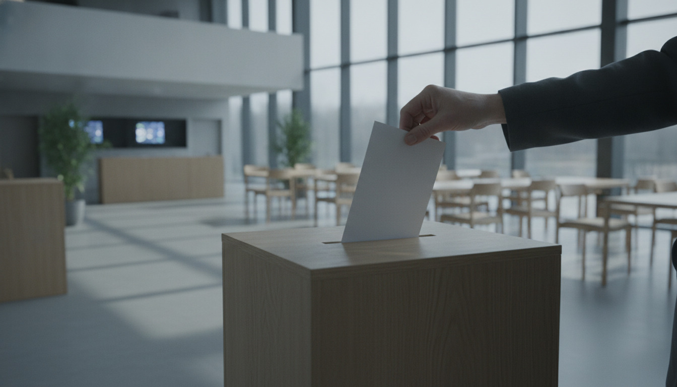 En hånd sætter en stemmeseddel i en træstemmekasse — symbol for demokratisk deltagelse.
