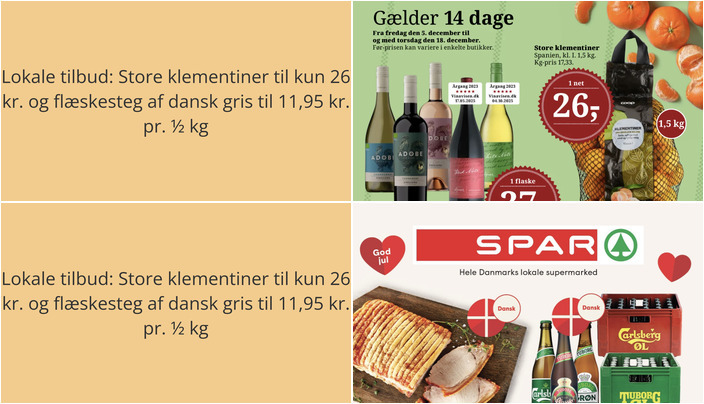 Lokale tilbud: Store klementiner til kun 26 kr. og flæskesteg af dansk gris til 11,95 kr. pr. ½ kg