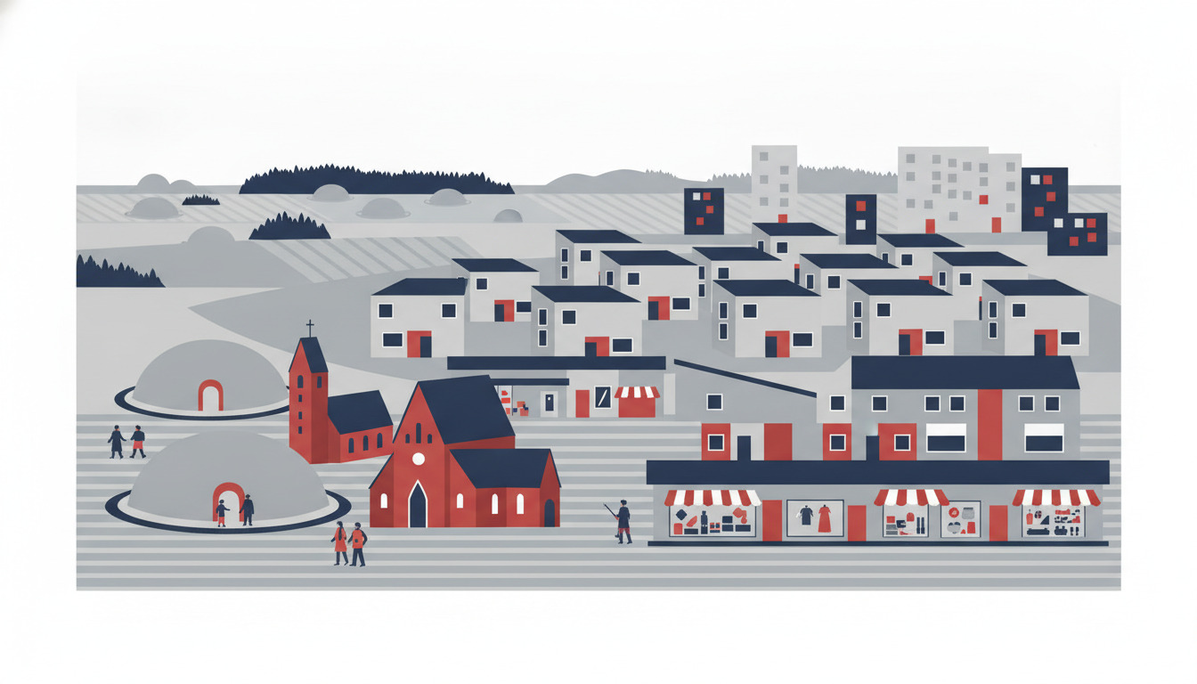 Flad vektorillustration af Albertslunds historiske lag: Bronze Age-gravhøje og middelalderlig rødt kirke i forgrunden, modernistiske gårdhuse og indkøbscenter fra 1960'erne i midtergrund, landligt landskab og skov på horisonten.
