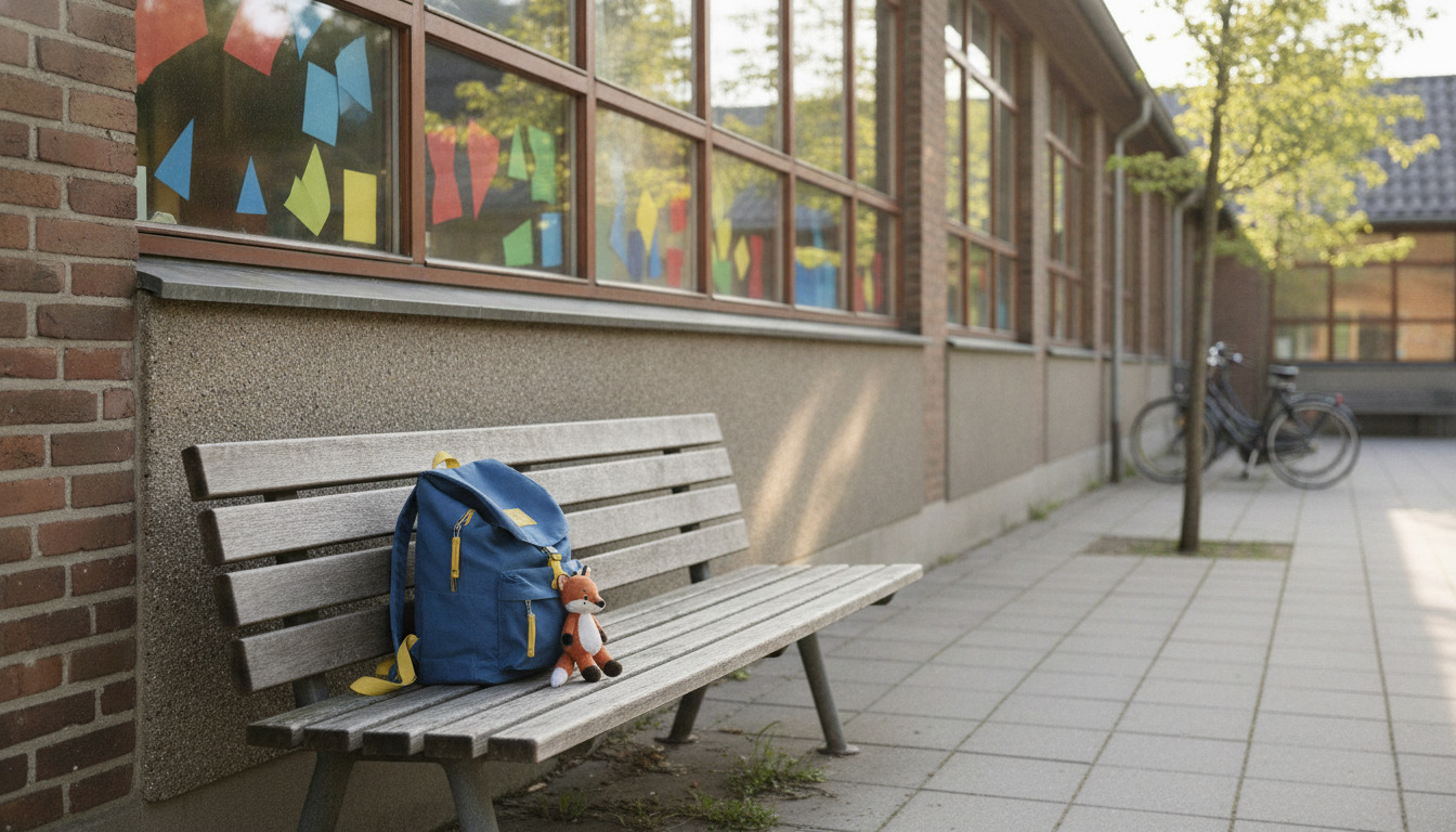 Skolebænk med blå rygsæk og legetøj i skolegangsopholdsmiljø med mursten og farverige papirdekorationer bag vinduet.