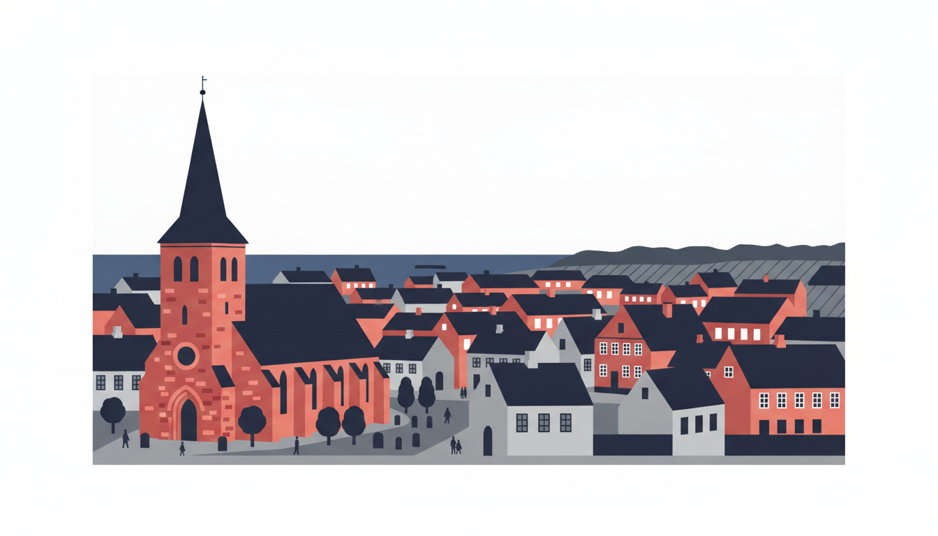 En middelalderlig stenkirke med røde mursten og karakteristisk spir dominerer forgrunden af Middelfart. Byen strækker sig bag kirken med traditionelle røde og hvide huse samt mørkegrå tage.