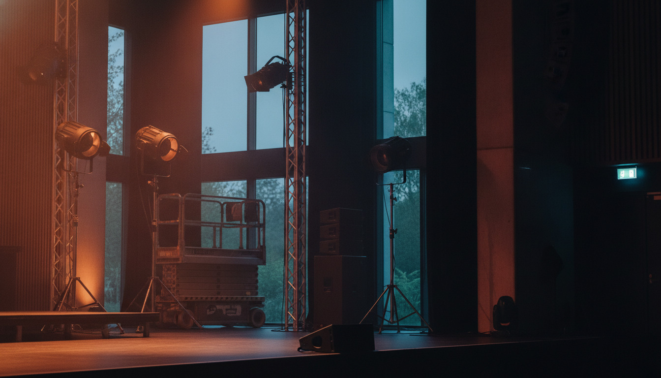 Teatralsk sceneudstyr med varmt orangegult og mørkeblåt scenebelysning, dramatiske skygger og silhuetter.