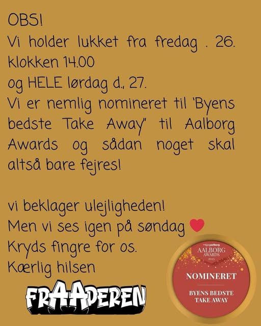 FrAAderen ændrer åbningstider i weekenden for Aalborg Awards deltagelse