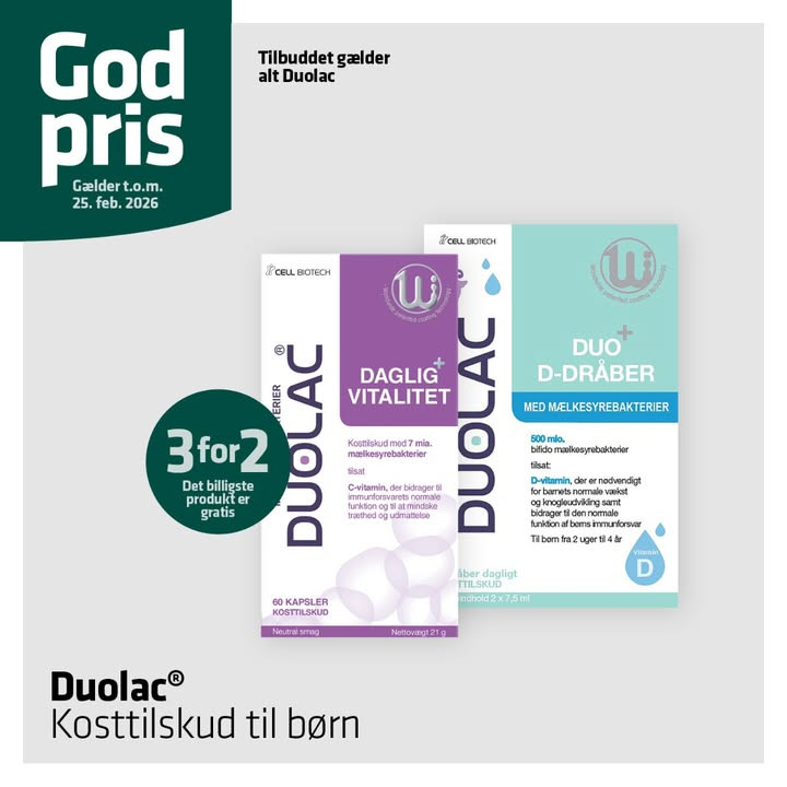 Ikast Apotek tilbyder 3for2 på Duolac mælkesyrebakterier indtil 25. februar