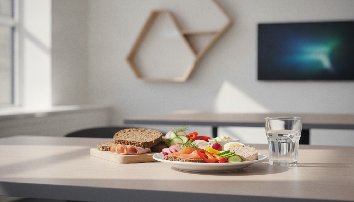 Frokostbræt med rugbrød, deli, grøntsager og vandglas på hvid tallerken og træbræt.