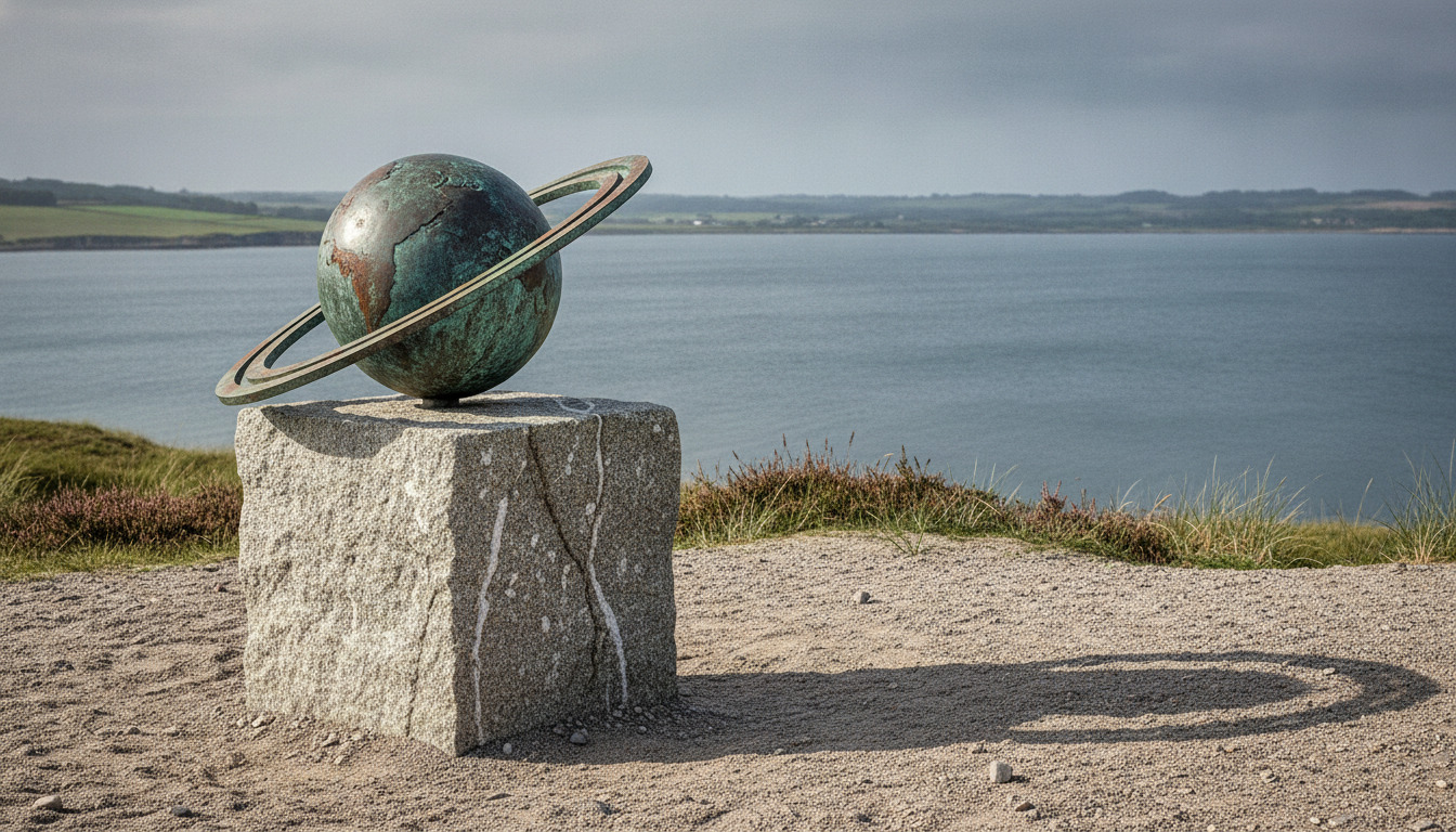 Været planetkulgle med ring på en stenpille ved en fjord under overskyet himmel.