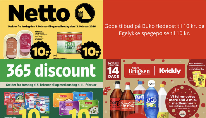 Gode tilbud på Buko flødeost til 10 kr. og Egelykke spegepølse til 10 kr.