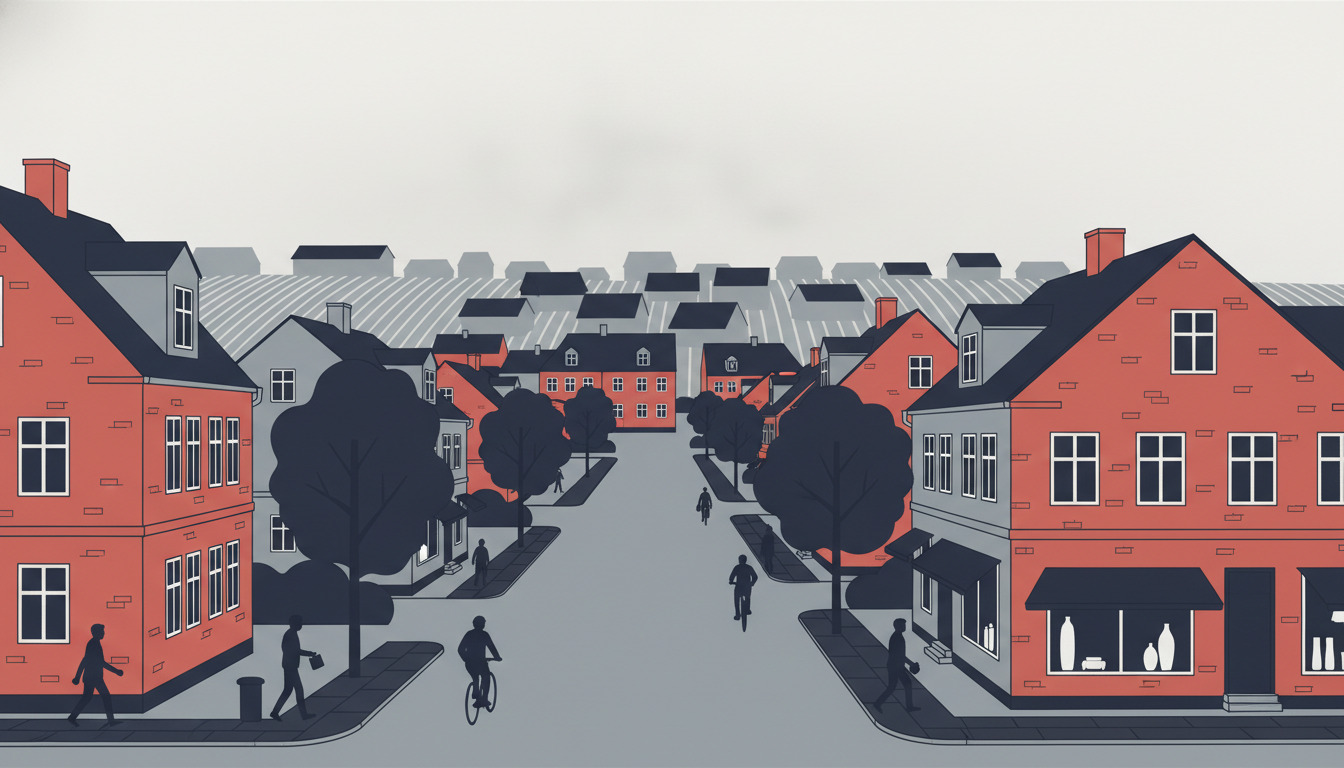 Charmerende boligvej i Tønder med traditionelle røde mursten- og pudsede huse, spidsgavle og karakteristiske vinduer langs begge sider, modne træer, der skygger den stille vej, og mennesker, der går og cykler.