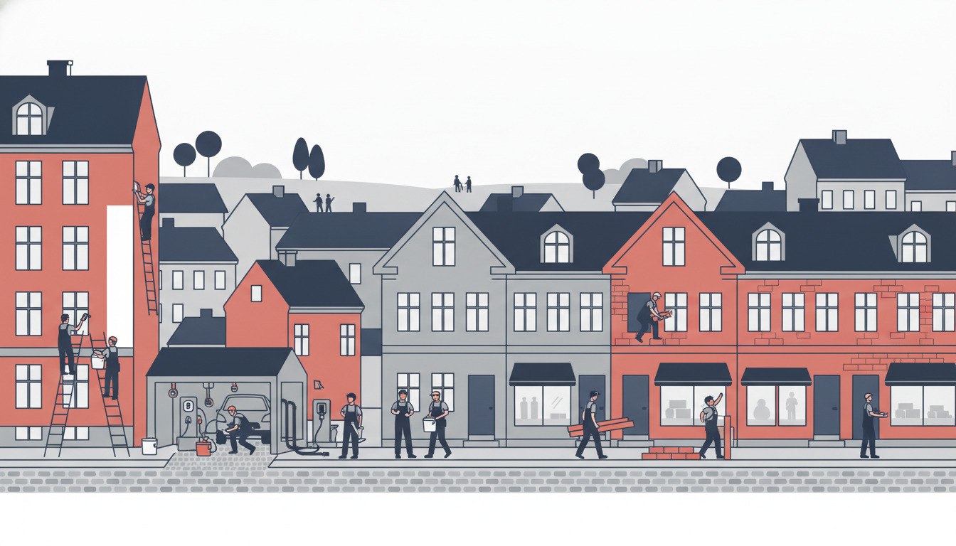 Travl Frederiksberg-gade med håndværkere i arbejde: malere på stiger, elektrikere ved carport, rørleggere, tømrere med tømmer, og murere på klassiske røde mursten- og stenbyggeri beboelsesejendomme.