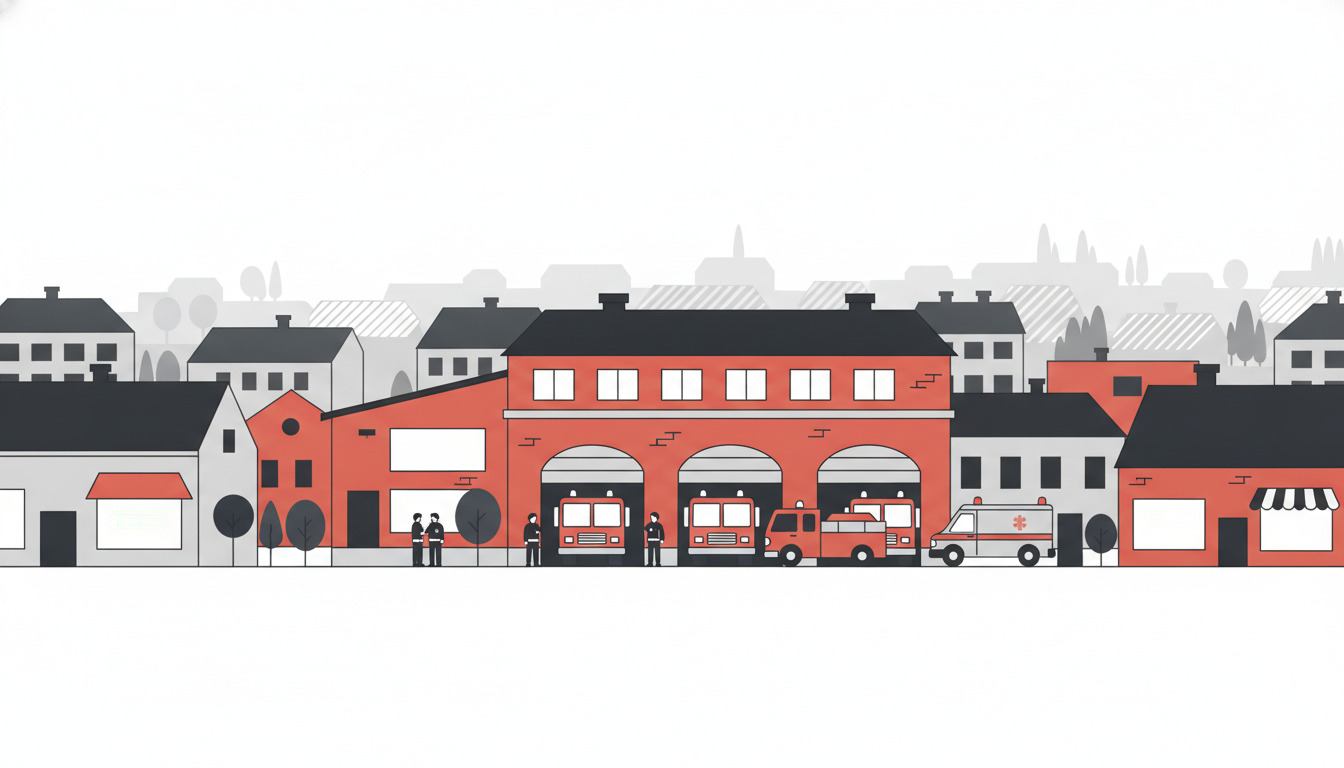 Flad vektorillustration af en dansk brand- og redningsstation med rødt murerstensbyggeri, åbne garageporte der viser brandslanger og ambulance, uniformerede redningsmænd, der står uden for, og boligblokke i baggrunden.