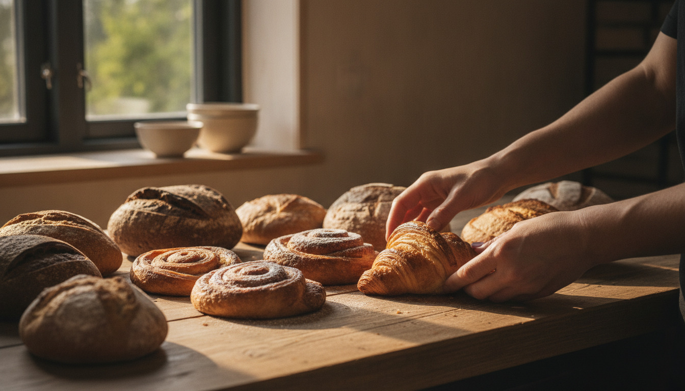 Hænder ordner nybagt rugbrød og croissant på træbræt i sollys.
