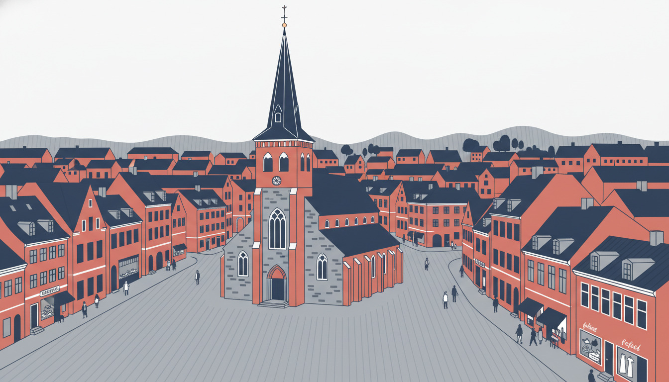 Tønder kirke dominerer torvet med sin høje spir og rødt murværk, omgivet af traditionel dansk arkitektur og bymiljø.