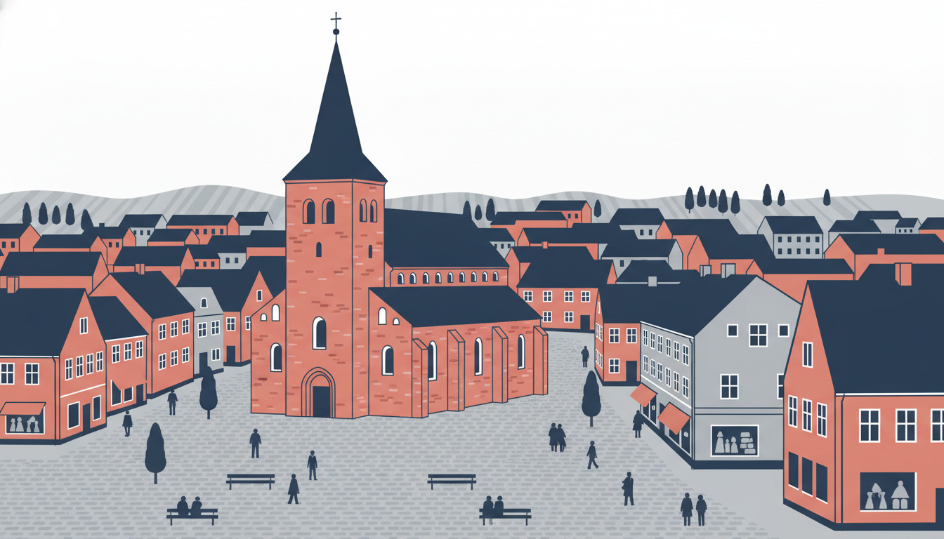 Middelalderlig stenkirke med højt mørkt spir dominerer en dansk byplads omgivet af traditionelle orange-røde og grå beboelsesbygninger, brolagt plads med bænke og mennesker, historisk havnebycenter.
