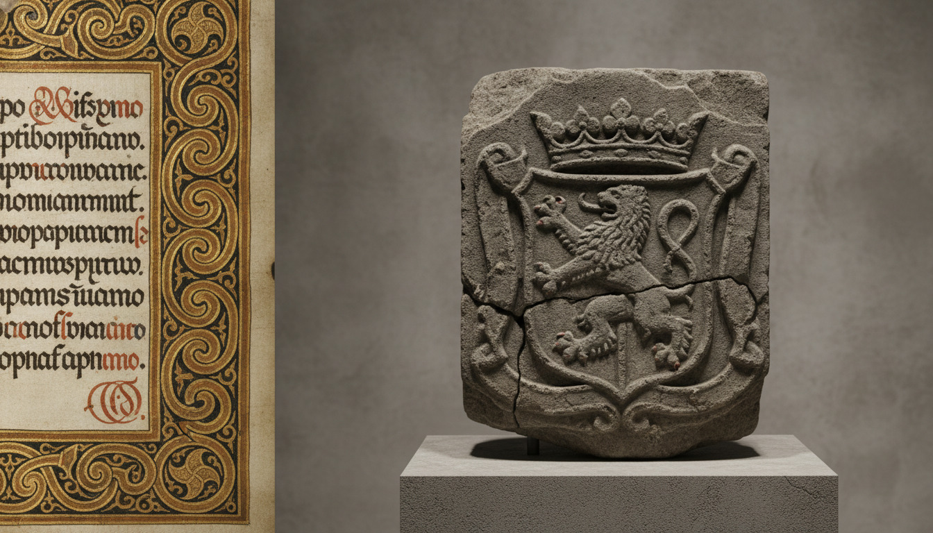 Middelalderligt illumineret manuskript og steinrelief med ornamentale detaljer mod neutral baggrund.
