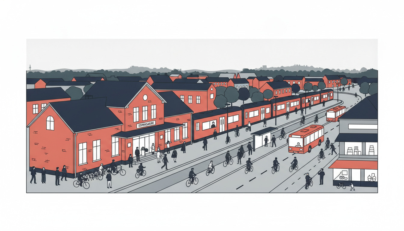 Espergærde togstation med rødt murstensbyggeri mærket 'ESPERGAERE', travel med cyklister, fodgængere og et tog. Gadesscene viser busser, cykler og pendlere i flad-vektor stil.