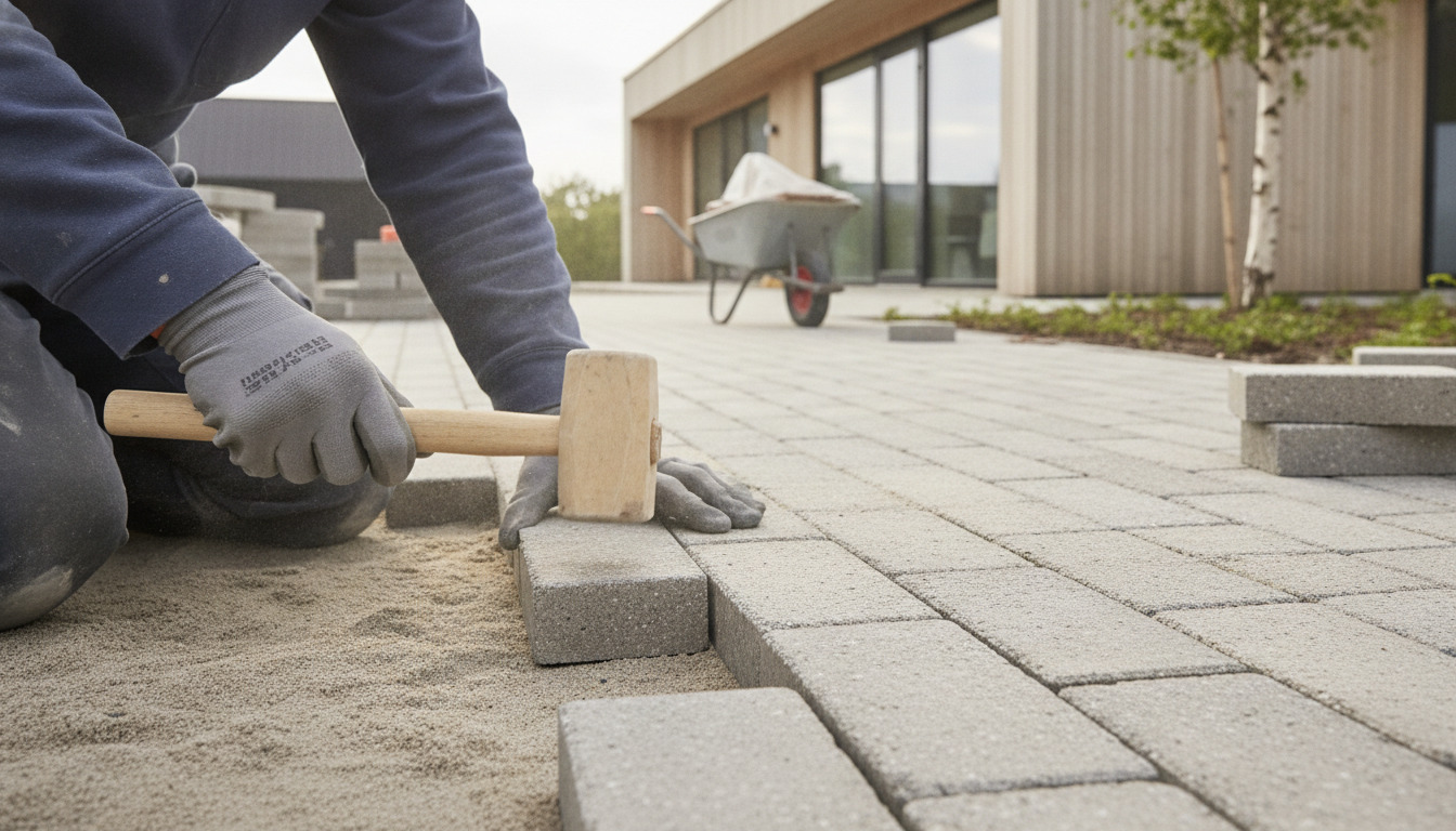 Arbejderhænder i arbejdshandsker tapper betonfliser ned på sandbund med træhammel.