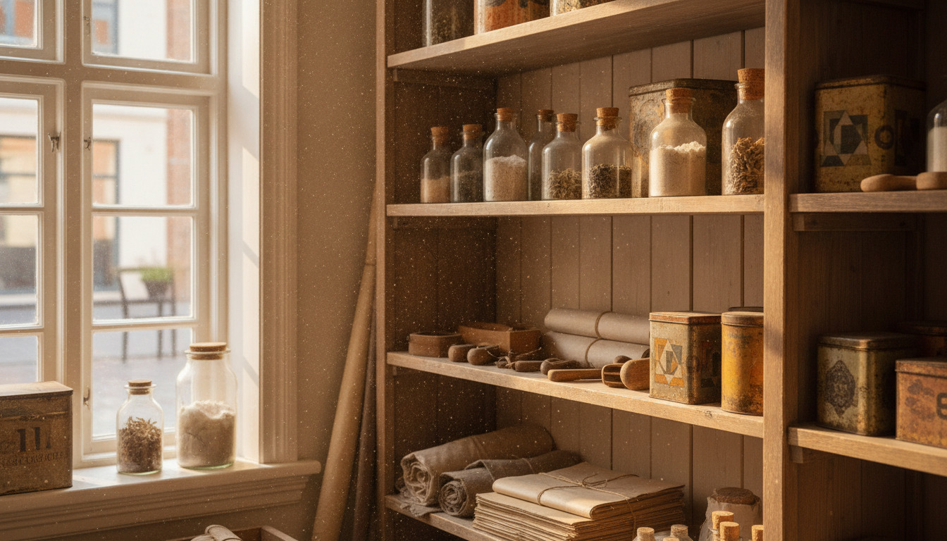 Antikke hylder med glaskrukker og gamle tinbokse i varmt lys fra vintage vindue – generisk historisk butiksmiljø.