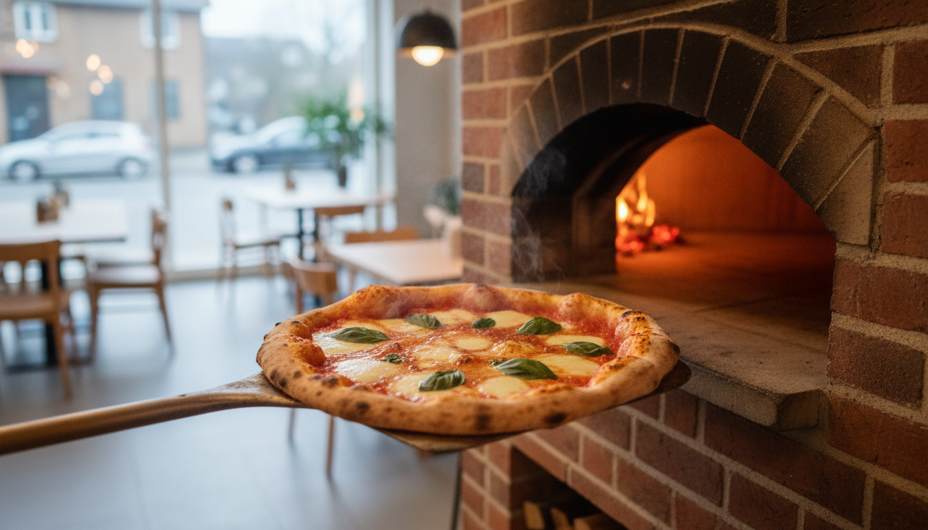 Tæt billede af friskbagt napolitansk pizza på træovnsspade foran glødende ovnsmunding.