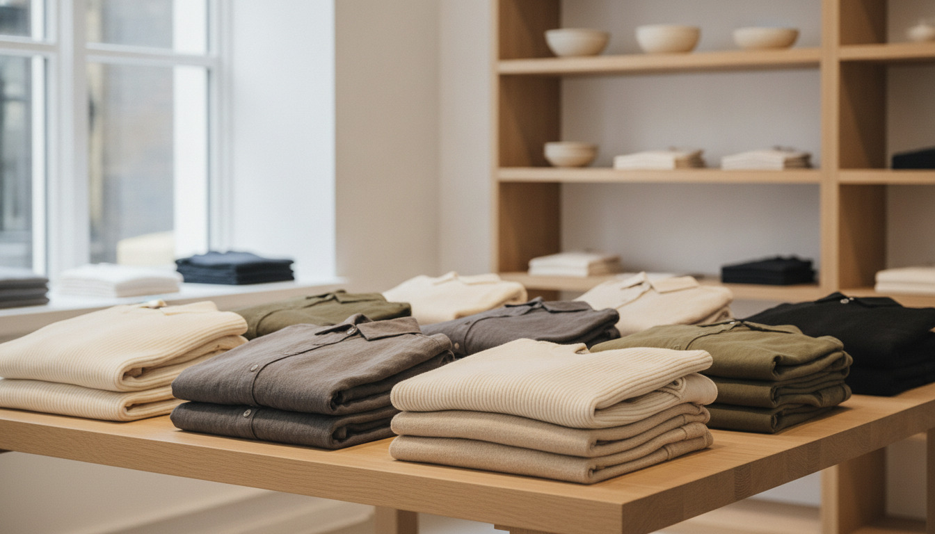 Neatly folded casual plagg i neutrale farver på et træbord ved dagslys.