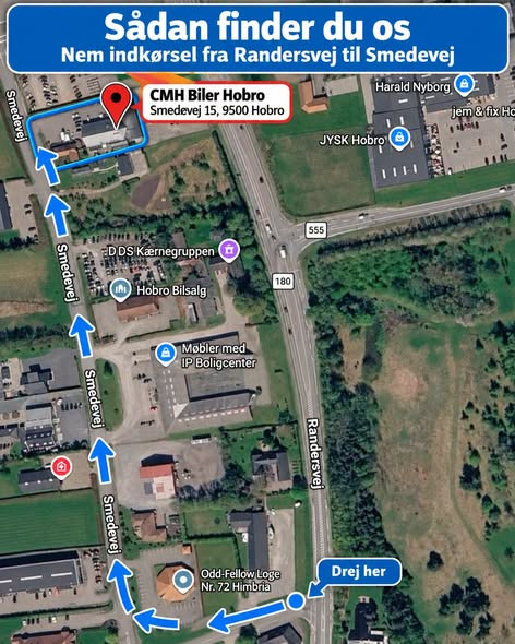 Oscar Biludlejning Hobro viser vej til CMH Biler Hobro på Smedevej 15