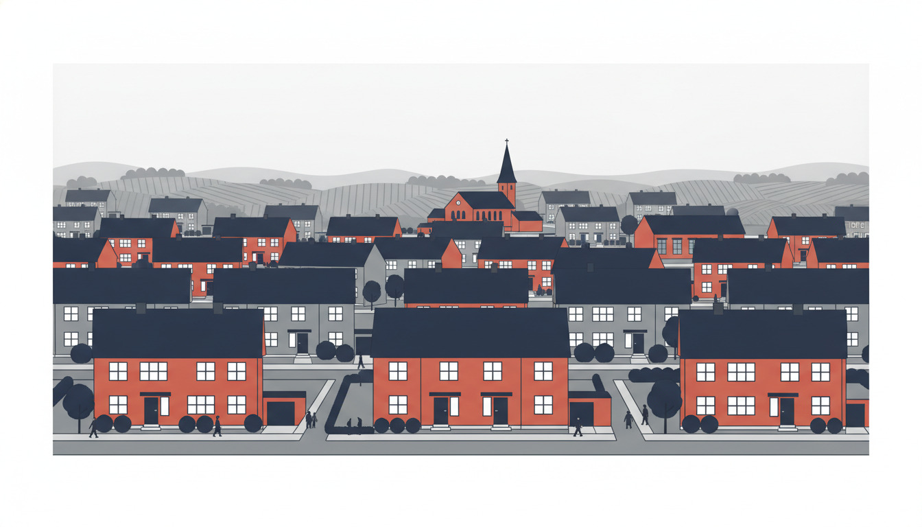 Fladvektor-illustration af Langå beboelseskvarter med røde murstensvillas, spidsbuede tage, træbeplantede gader og en kirkespir i midtergunden mod bakkede bakker.