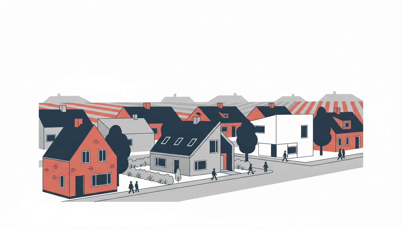 Flad vektorillustration af en boligbebyggelse på en dansk gade med varierede enfamiliehuse: røde mursten-rækkehuse, grå/hvide bygninger fra tidligere perioder og moderne konstruktioner med mørke tage, træer og fodgængere på en træ-lined gade.