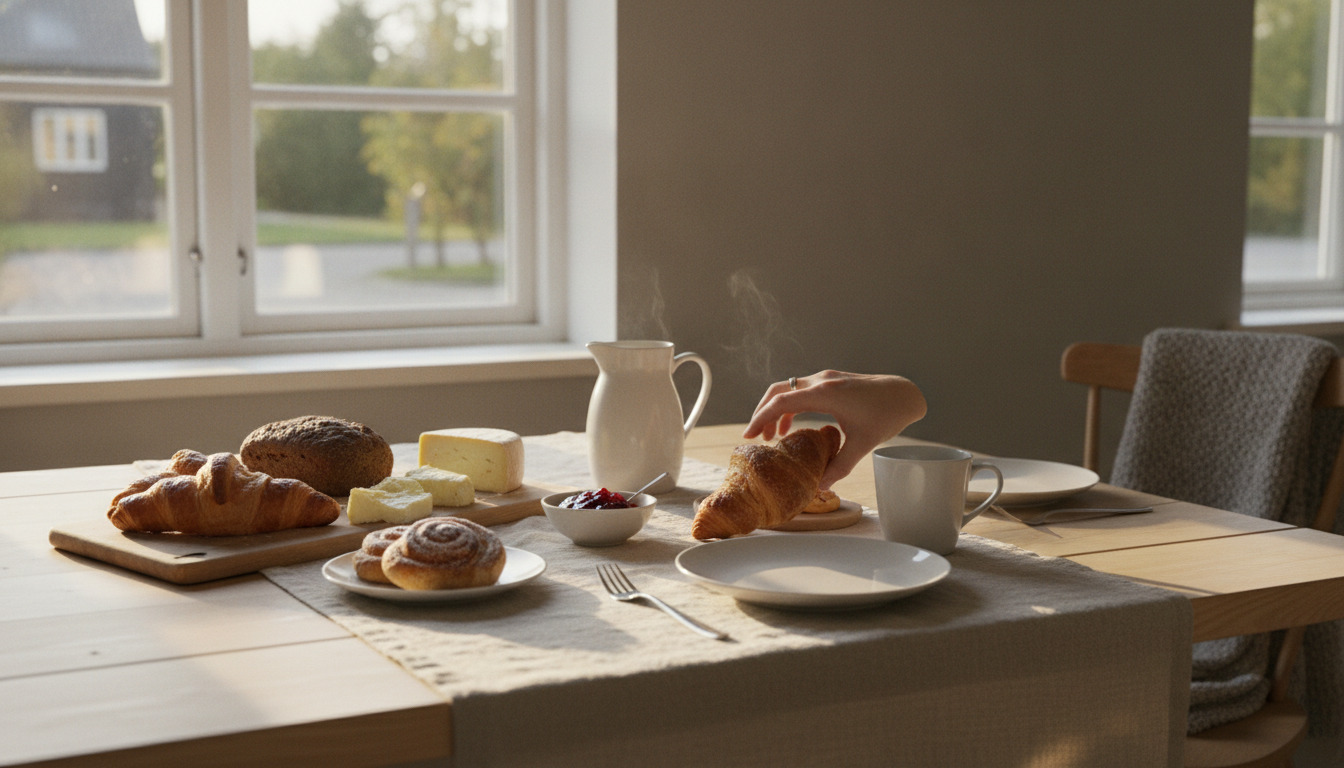 Morgenmadsbord med rundstykker, ost, syltetøj og hvidt porcelæn i varm morgensol.