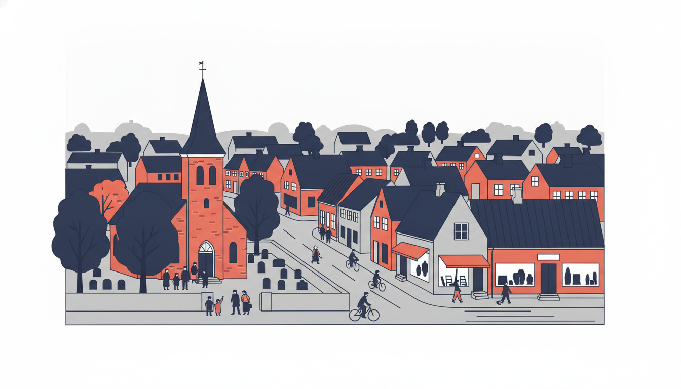 Rask Mølle kirke: orange-mursten landsbylkiche med høj spir og kors, omgivet af gravsten og modne træer, med familier samlet på kirkegården og landsbyhuse i baggrunden.