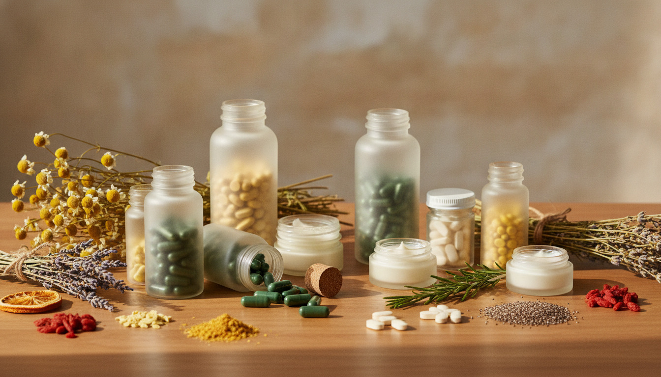 Tabeloversigt af naturlige sundhedsprodukter: glasflasker med vitaminer, kapsler, krydderurter og hudpleje på træbord.