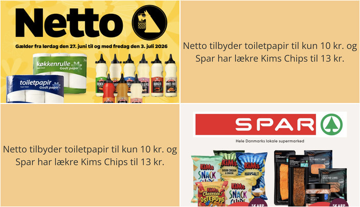 Netto tilbyder toiletpapir til kun 10 kr. og Spar har lækre Kims Chips til 13 kr.