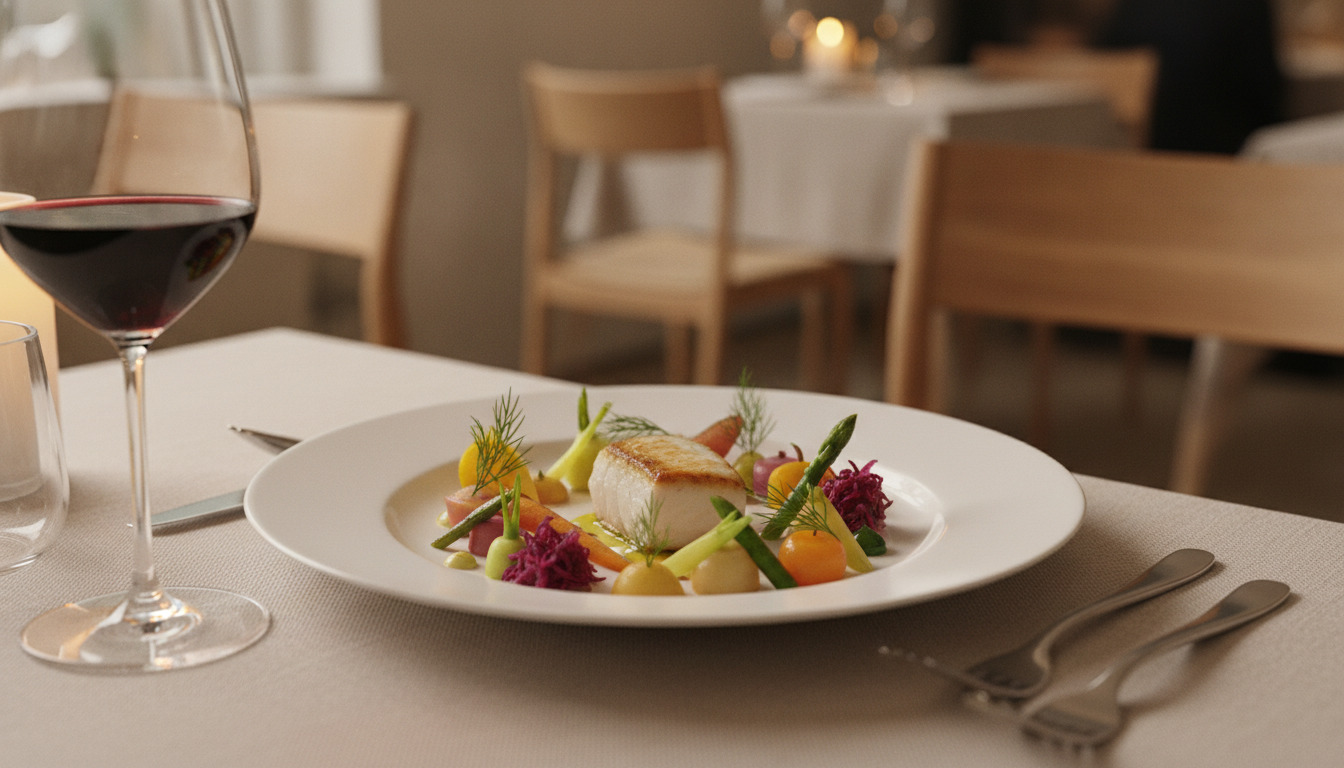 Tæt optagelse af elegantfileteret fiskeret på hvid plade med grøntsager, rødvin i glas og bestik på hvidt lintablecloth.