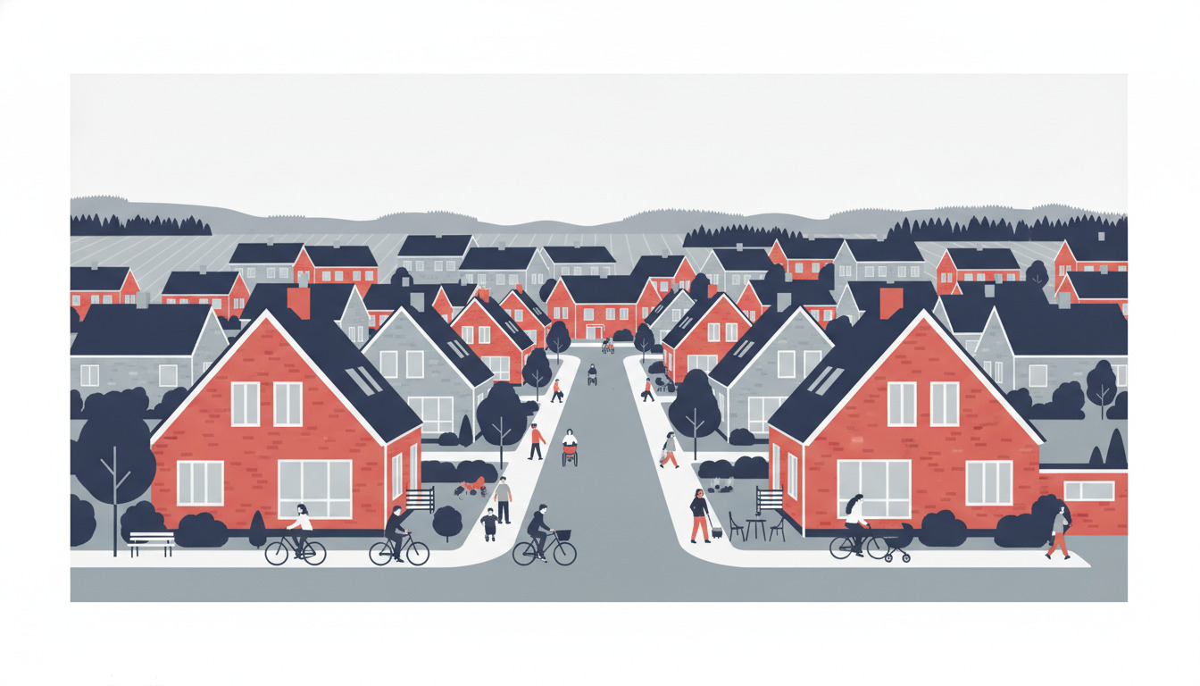 Dansk landsbyvej med røde og grå villaer, sorte spidstage, store vinduer, træer, cyklister og mennesker – typisk dansk forstadsneighbourhood.