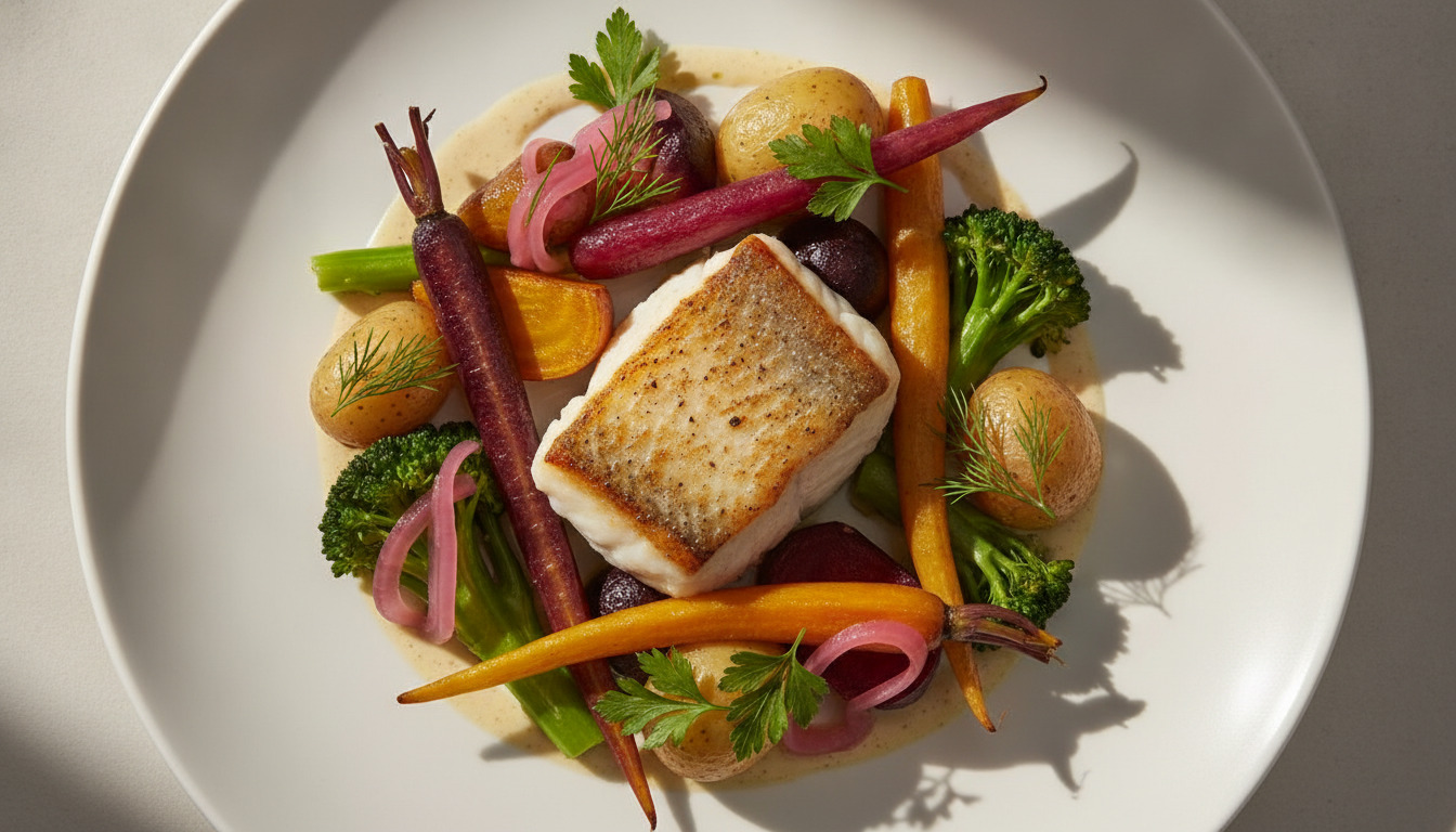 Elegant plated Nordic dish med seared fisk, grøntsager og krydderurter på hvid keramik tallerken.