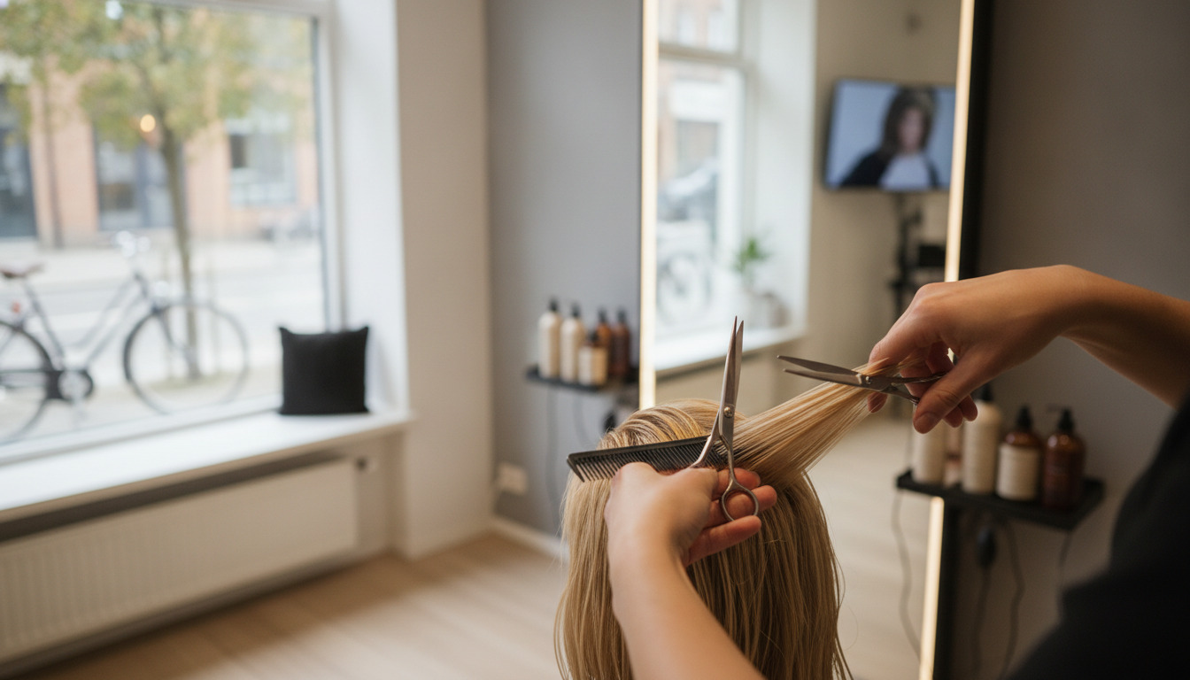 Frisørs hænder med saks og kam arbejder på blondt hår i en frisørsalon.