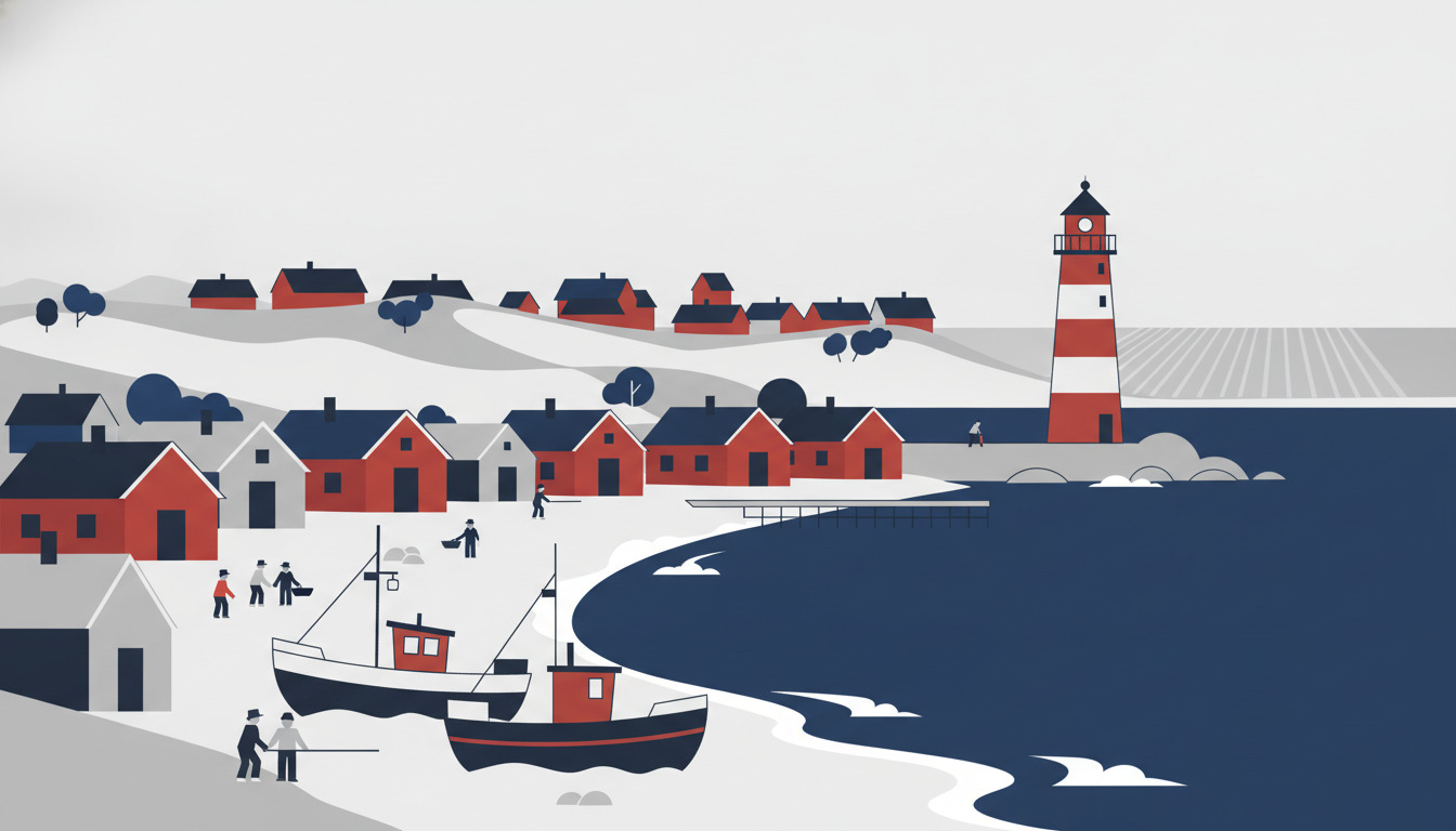 Blåvand kystby med rødt-og-hvidt stribet fyrtårn på forbjerg, fiskerbåde, røde og hvide huse langs snedbøldt strand og mørkt hav med hvide bølgetoppper.