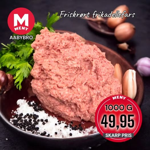 Meny Aabybro tilbyder friskrørt frikadellefars til kun 49,95 kr.
