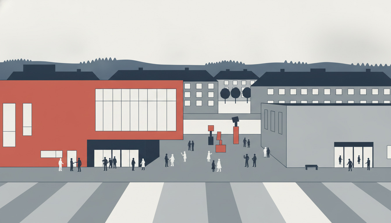 Albertslund kulturby: moderne bygninger med bibliotek, teater og kunstnerisk plads med skulpturer, mennesker og dansk boligbebyggelse i baggrund.