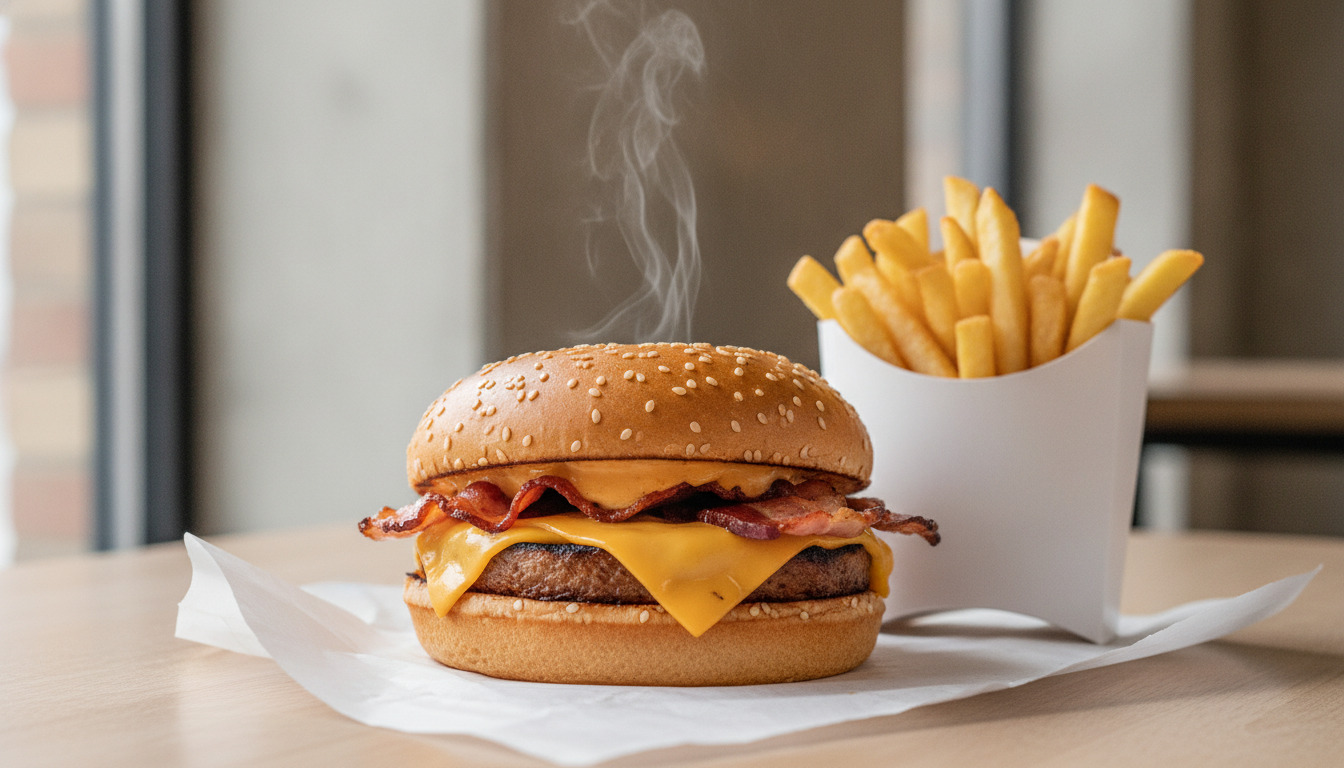 Tæt optagelse af en grillet burger med smeltost og bacon samt pommes frites på hvidt papir.