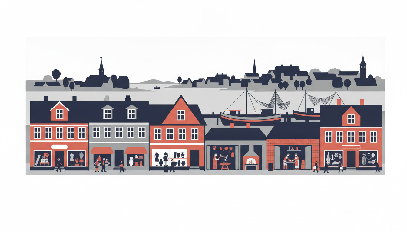 Ebeltofts travle hovedgade med røde mursten-forretninger, håndværker-butikker, sejlskibe med rejsning i havnen og kirketårne, der prikker bylandskabet udenfor.
