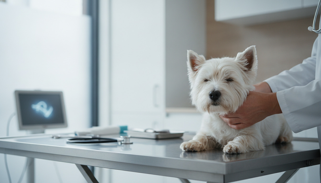 Dyrlæge undersøger hvid hund på behandlingsbord med stethoskop og medicinsk udstyr i baggrund.