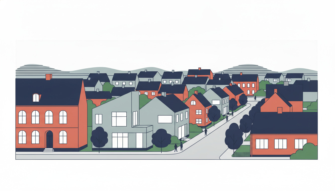 Stiliseret illustration af et dansk bynabolag med blandet beboelsesarkitektur: røde historiske teglstensbyggerier, gråmalede renoverede hjem og villaer langs træbeplantede gader, tagudsigt synlig i baggrunden.