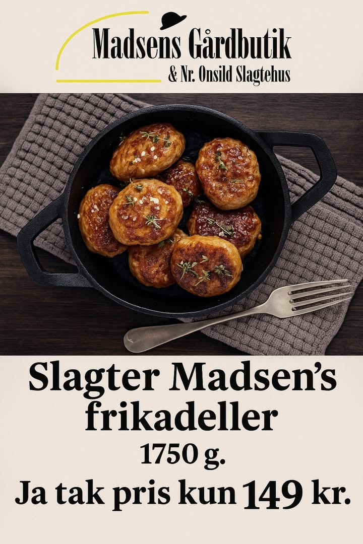 MENY Hobro sælger Slagter Madsens frikadeller til 149 kr. til afhentning 26/6