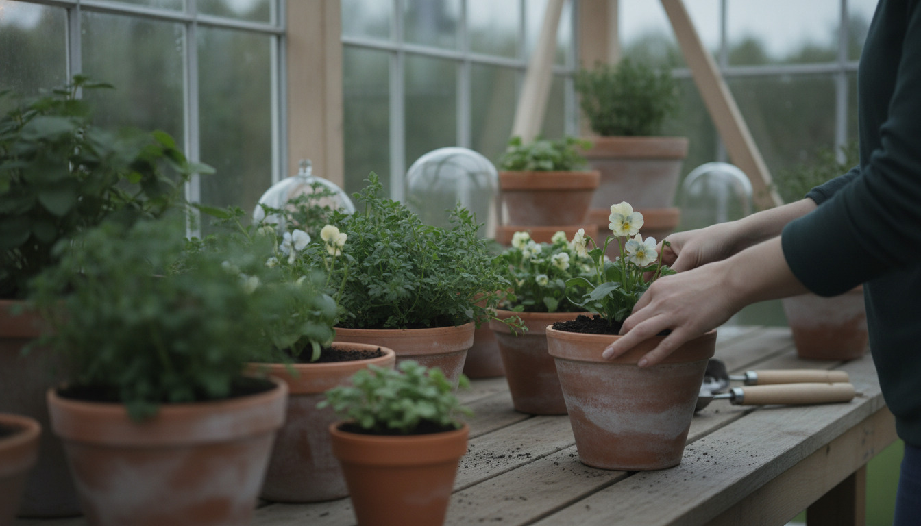 Hånd der arrangerer små grønne planter og blomstrende spiringer i lerkrukker på bænk i drivhus.