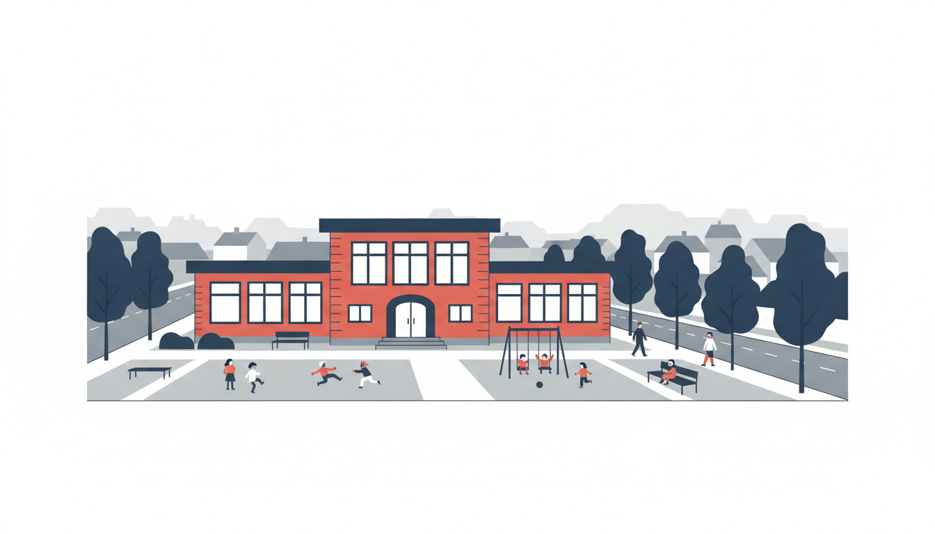 Lysrødt mursten skolebygning med store vinduer og central indgang, børn leger på skolegården, træer og danske forstadstage i blød baggrund.