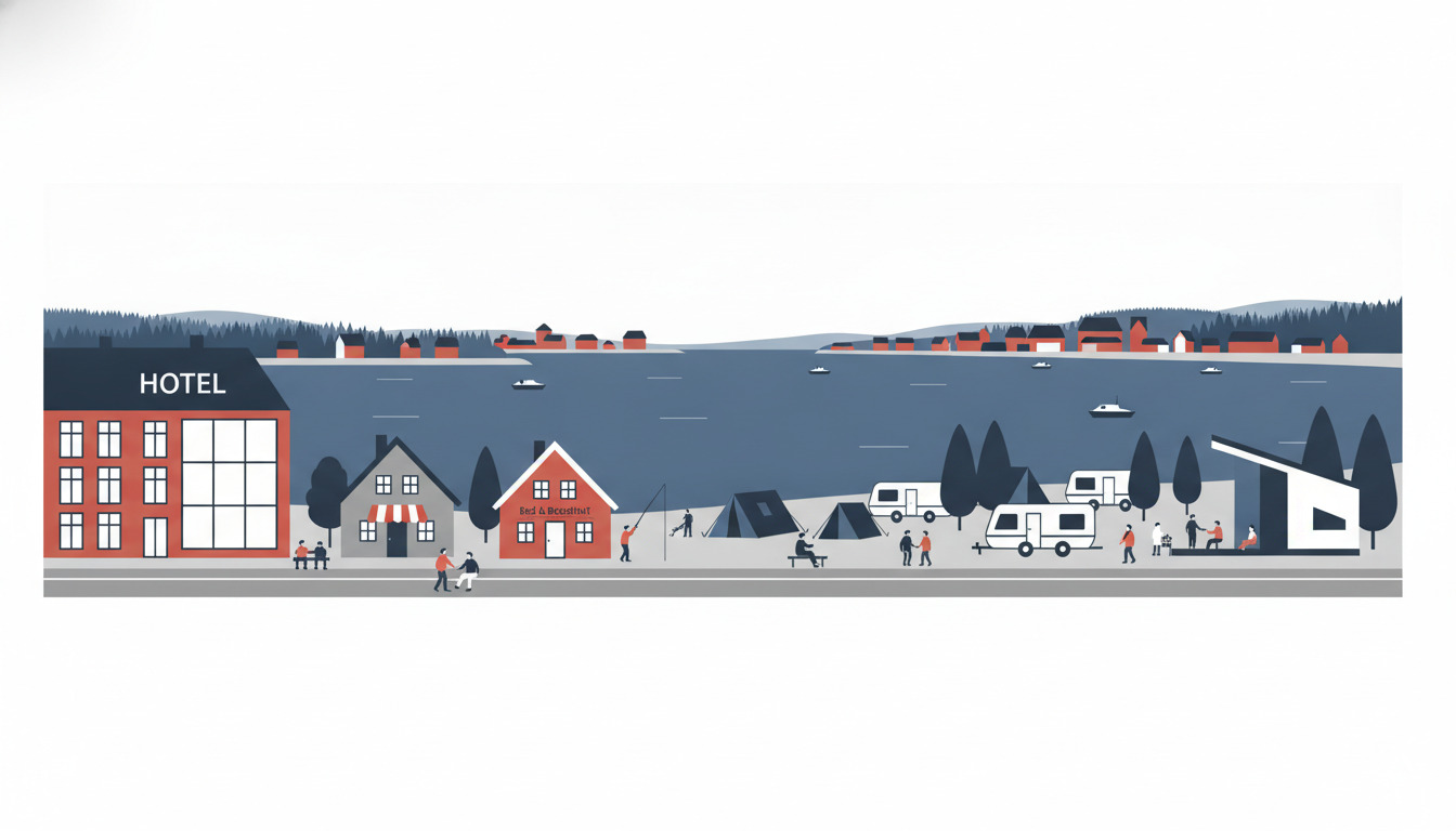 Flad vektorillustration af Middelfarts havnefront med et rødt hotel, charmerende bed and breakfast-huse, campingplads med caravaner og telte samt moderne shelter med udsigt over Lillebælt-strædet med skovbevokset kystlinje i baggrunden.