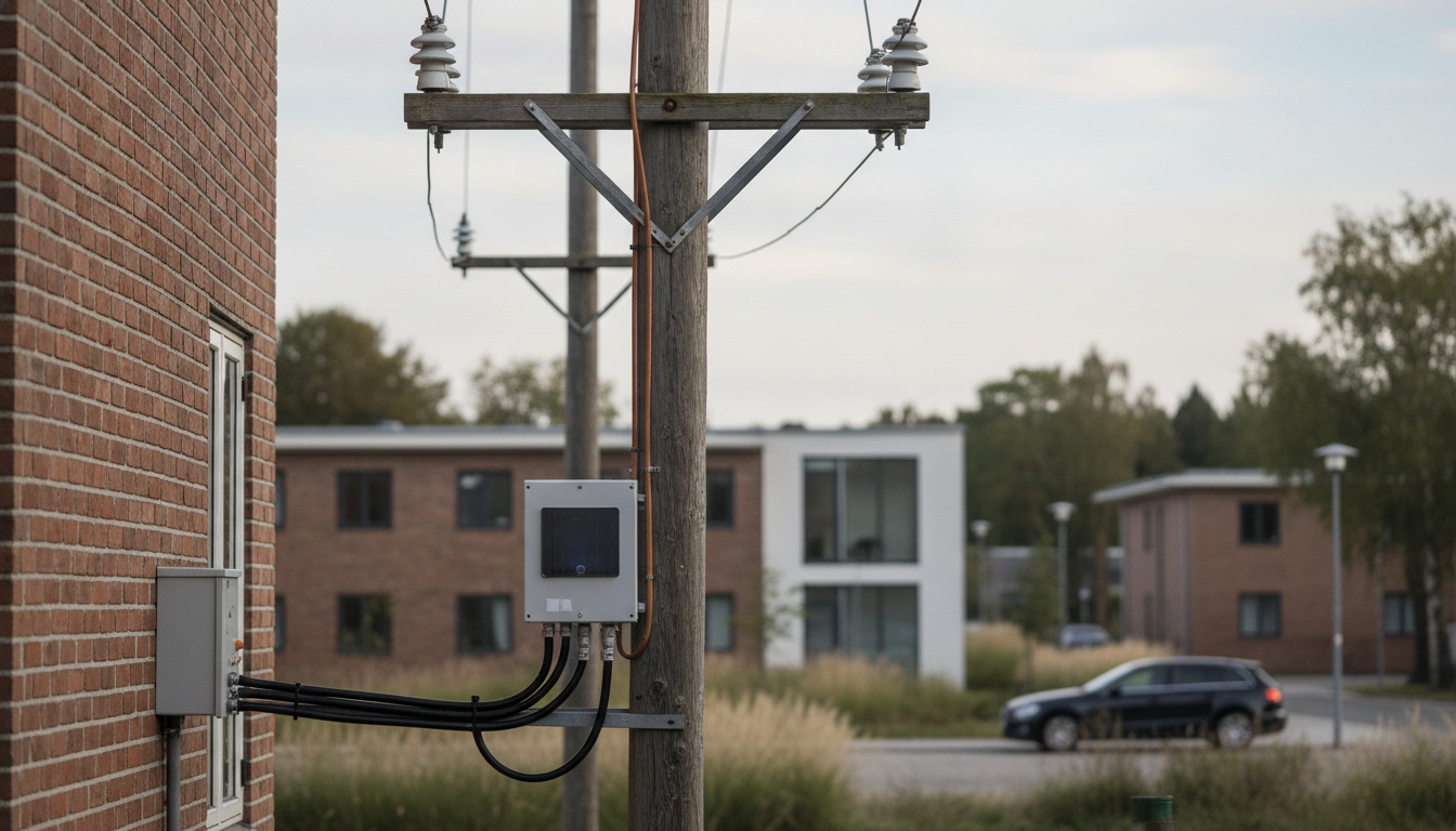 Detaljeret billede af elektrisk fordelingsboks og kabler på mursten.