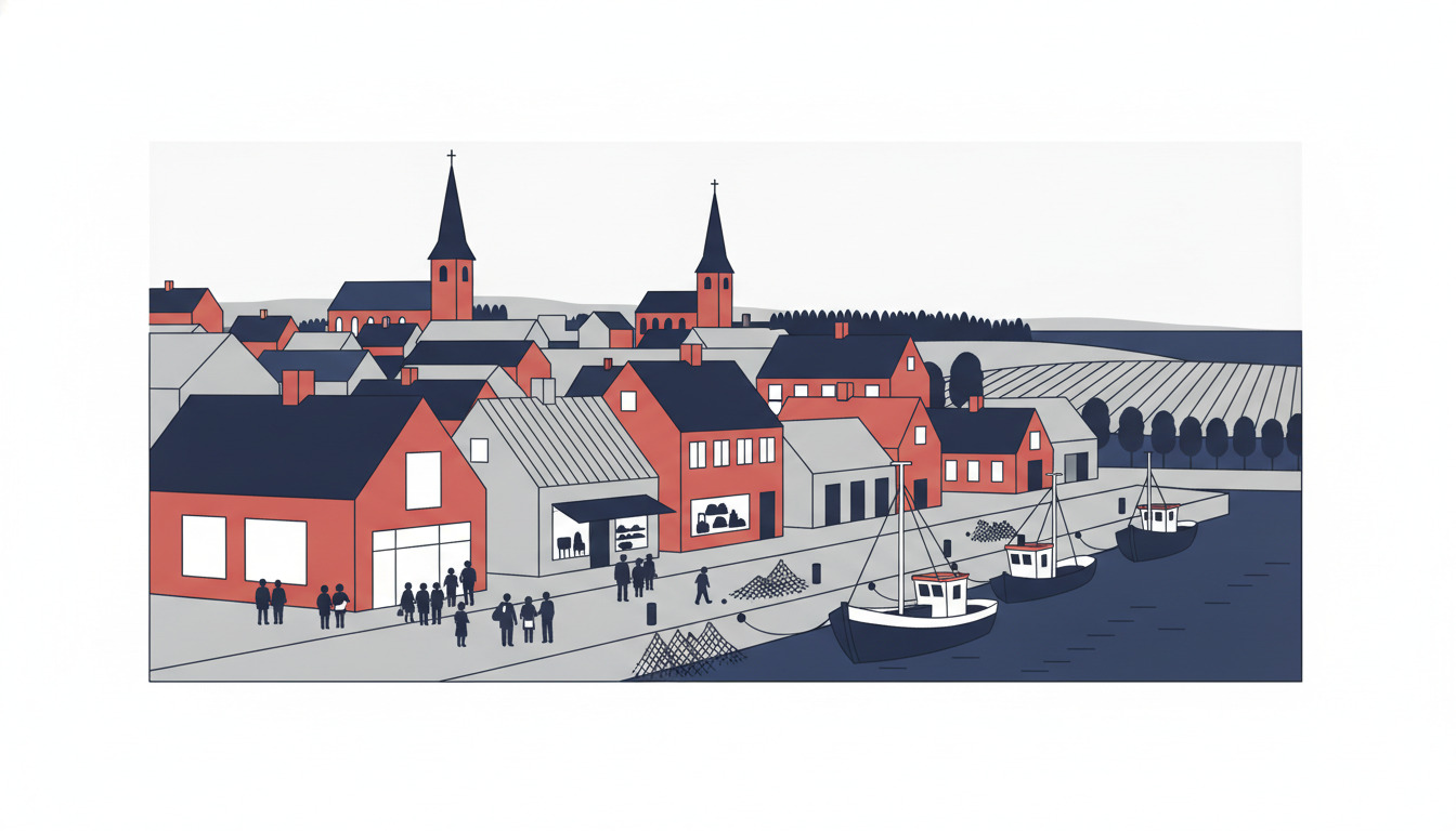 Hornbæk kystby med to kirketårne, røde og grå bygninger, moderne kunstgalleri med store vinduer, mennesker, både og fiskeri-arv ved vandet.