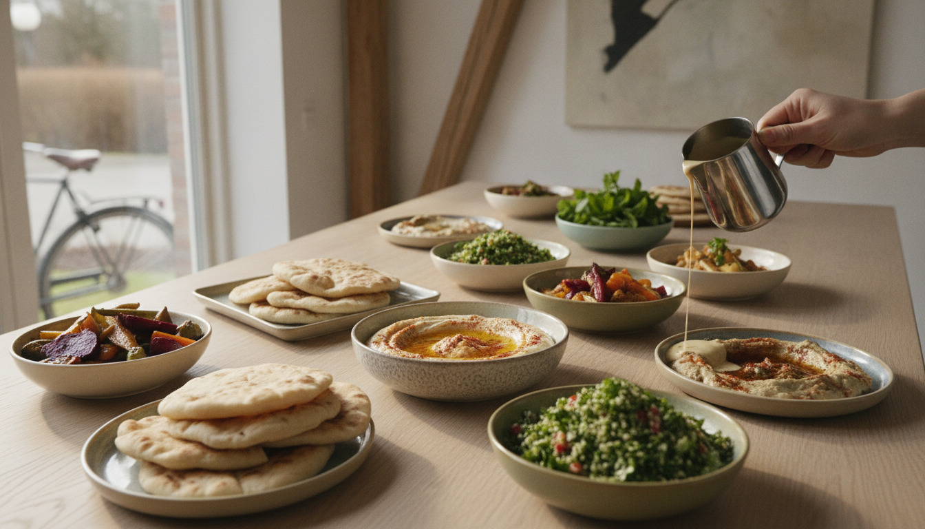 Tætbillede af arabisk mezze med hummus, tabbouleh, grøntsager og fladbrød på keramikskåle.