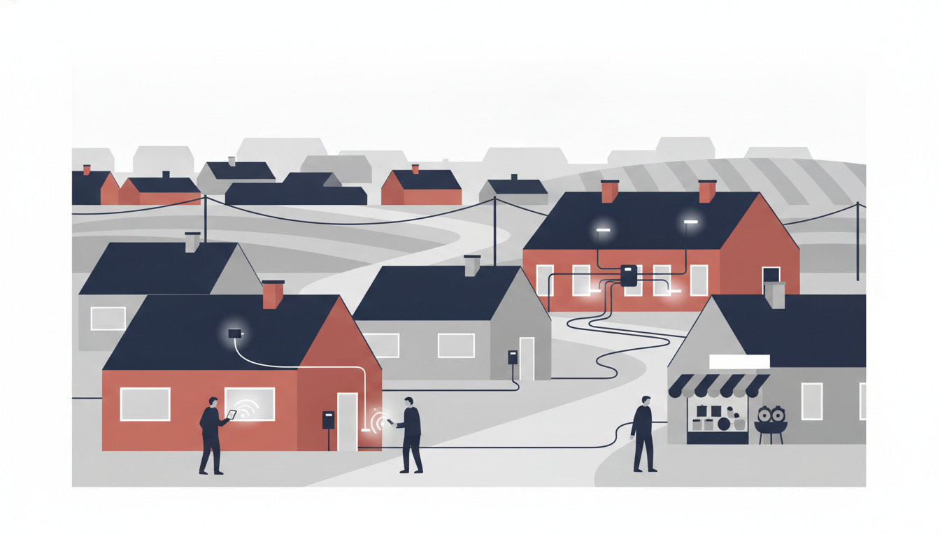Stiliseret dansk boligvej i Skælskør med moderne røde og sorte huse, synlige fiberoptiske kabler, fordelingsudstyr og mennesker, der symboliserer bredbåndsinfrastruktur og digital tilslutning.