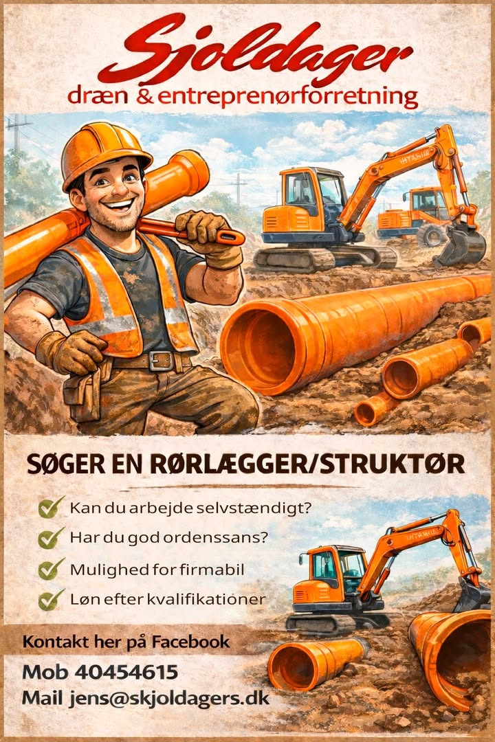 Skjoldager Dræn- & Entreprenørforrentning ApS søger rørlægger eller struktør til spændende opgaver i Bjergby